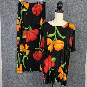 Jananas 2 Piece Top and Midi Skirt Floral on Black Stretchy No Size Tags  XL